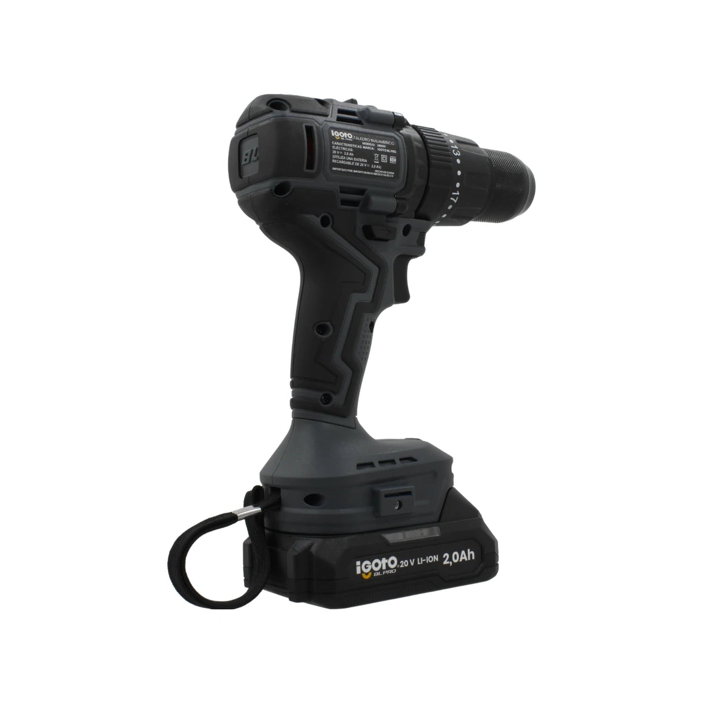 Taladro atornillador inalámbrico Igoto 20V Li-ion 2.0Ah BL PRO en tonos gris y negro.