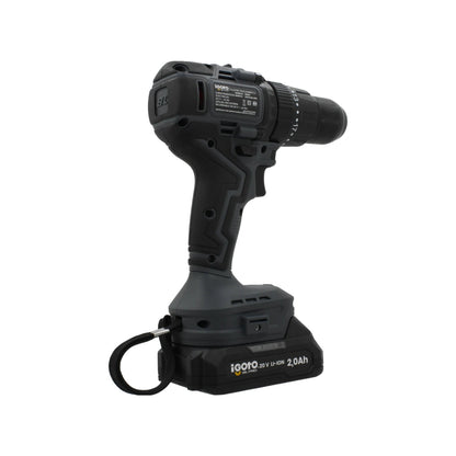 Taladro atornillador inalámbrico Igoto 20V Li-ion 2.0Ah BL PRO en tonos gris y negro.