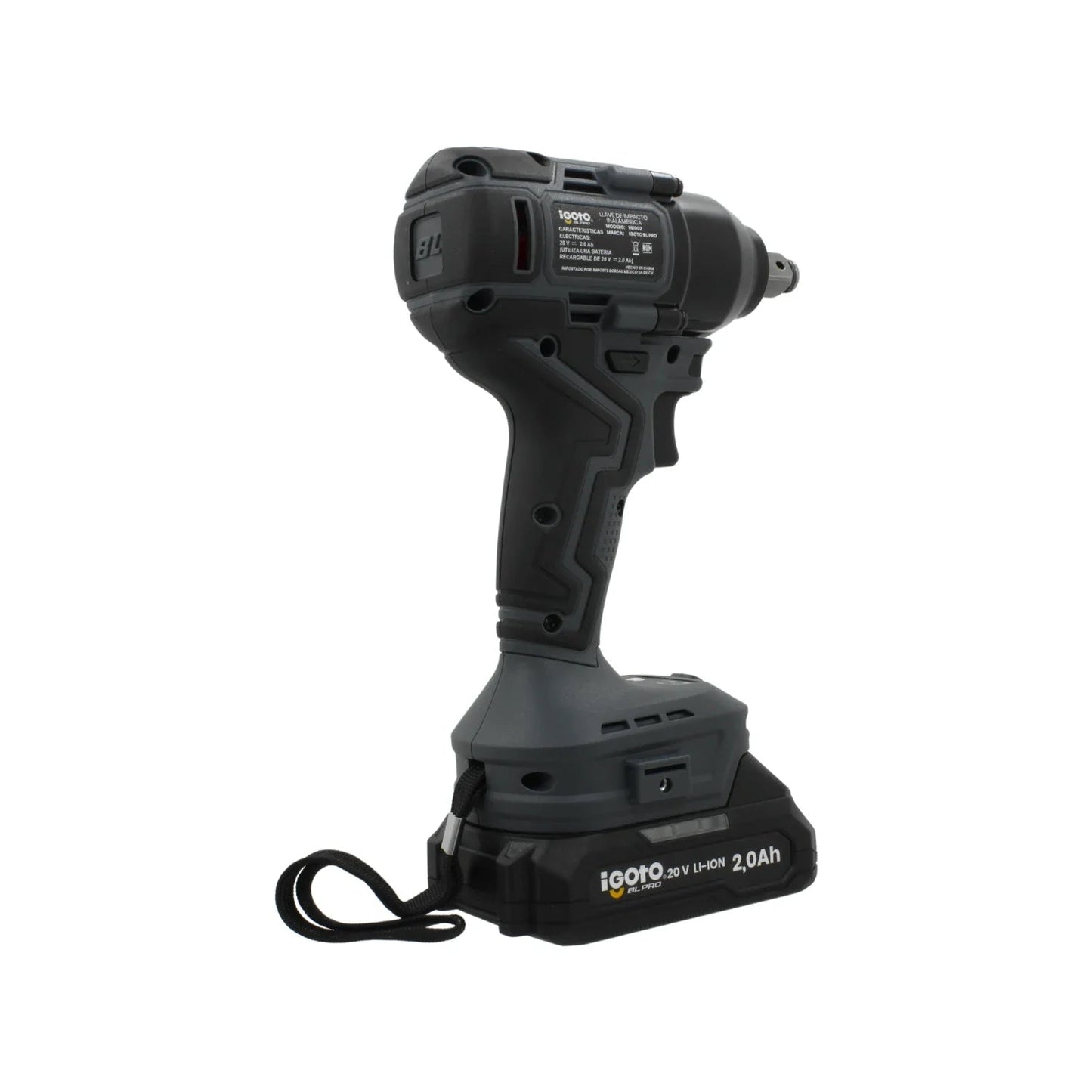 Llave de impacto Igoto inalámbrica 20V BL PRO, batería de litio 2.0Ah, color gris oscuro