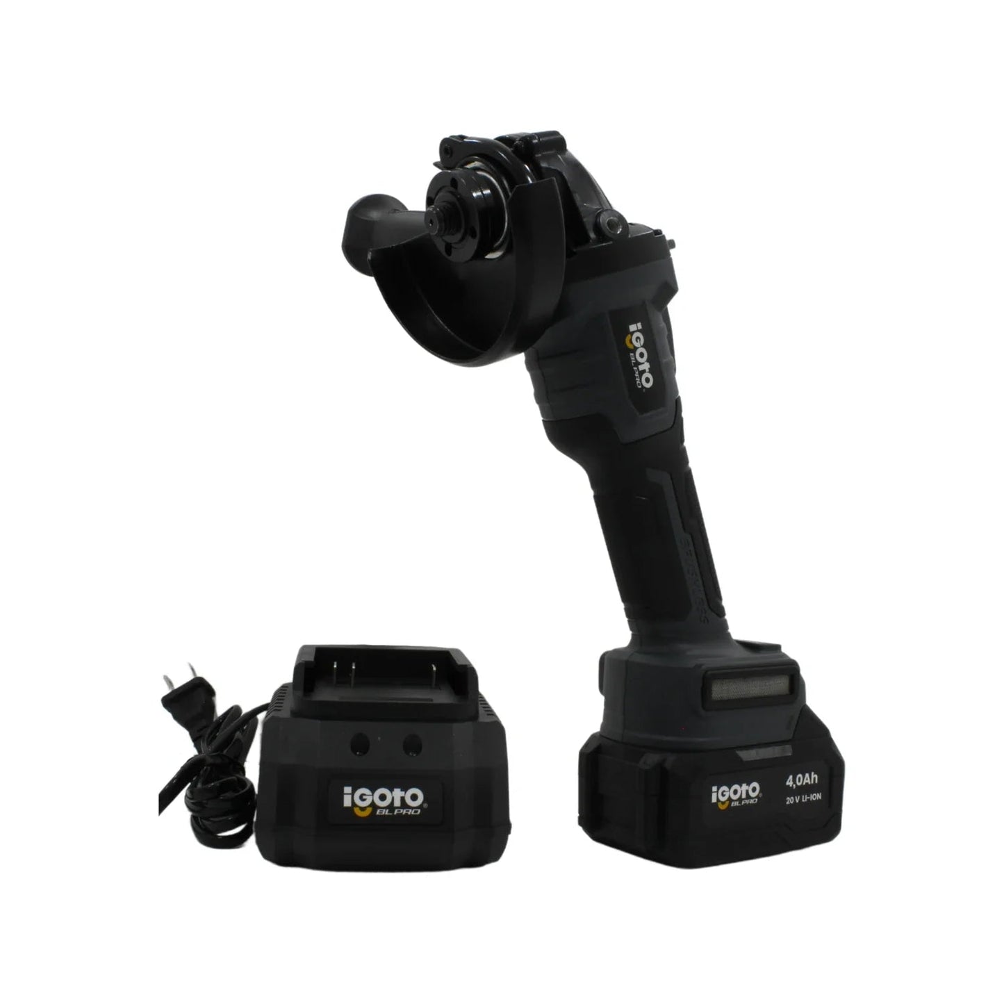 Esmeriladora inalámbrica Igoto BL PRO 20V con batería 4.0Ah Li-ION y cargador, herramienta eléctrica negra.