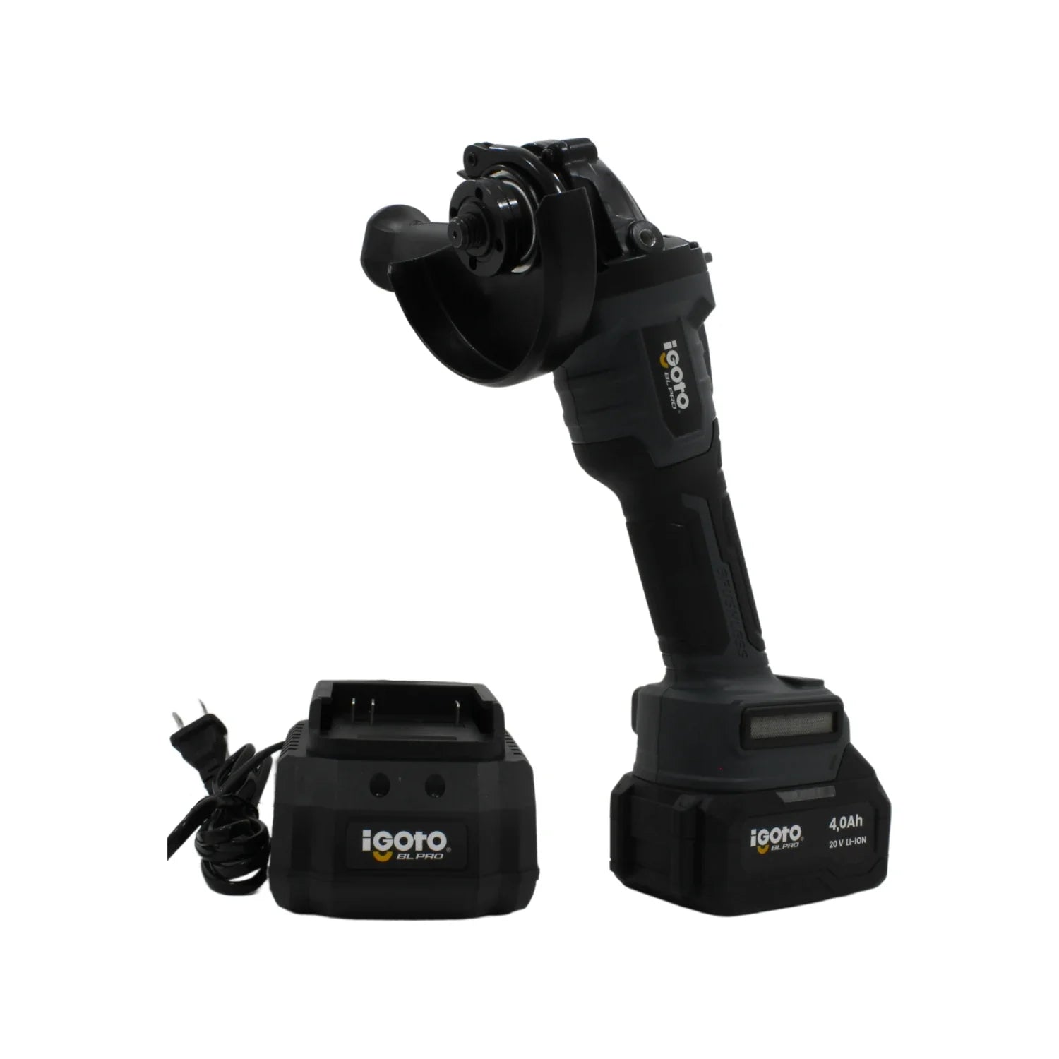 Esmeriladora inalámbrica Igoto BL PRO 20V con batería 4.0Ah Li-ION y cargador, herramienta eléctrica negra.
