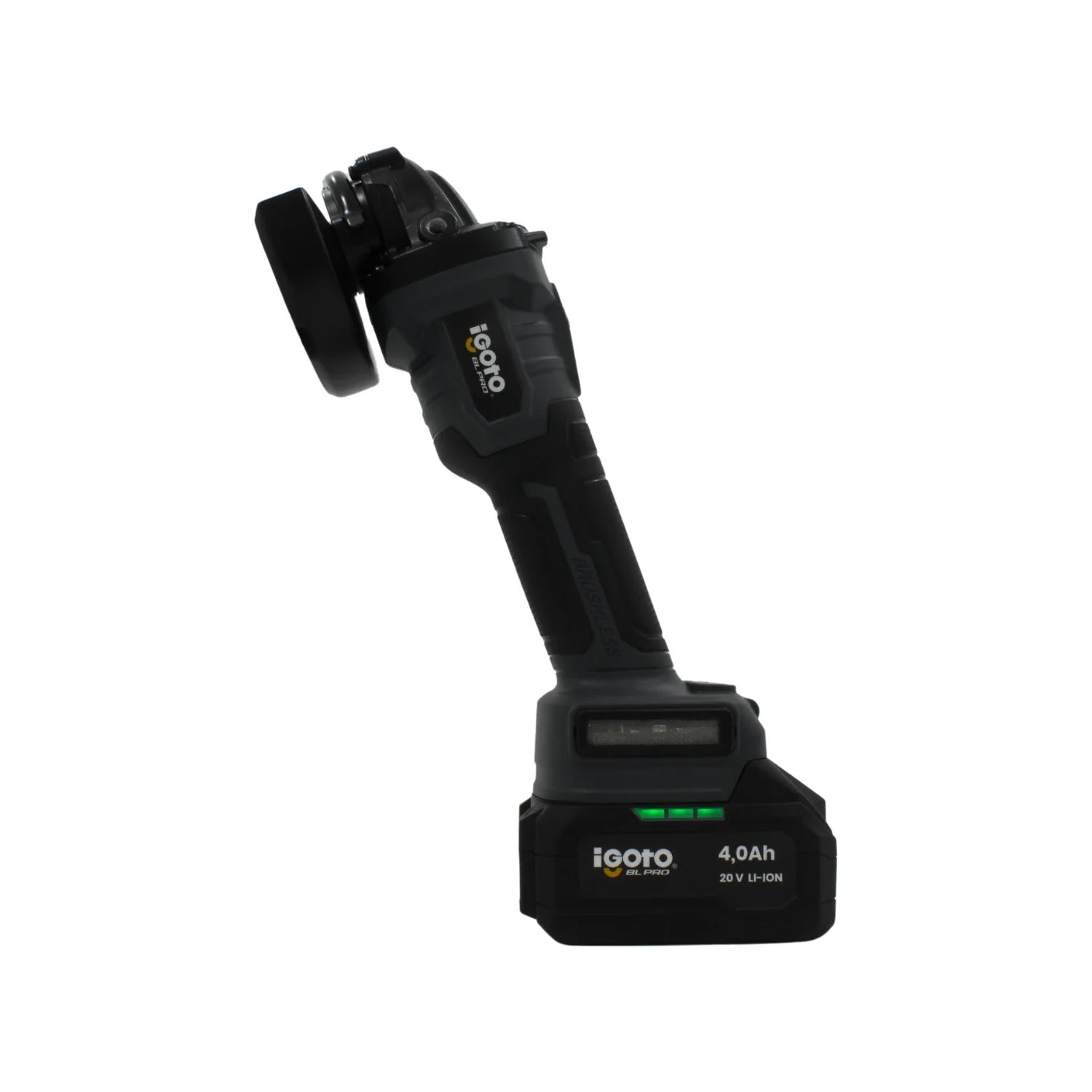 Esmeriladora inalámbrica Igoto BL PRO 20V con batería de litio 4.0Ah, ideal para corte y desbaste profesional.