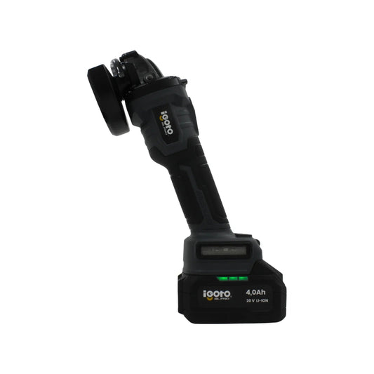 Esmeriladora inalámbrica Igoto BL PRO 20V con batería de litio 4.0Ah, ideal para corte y desbaste profesional.