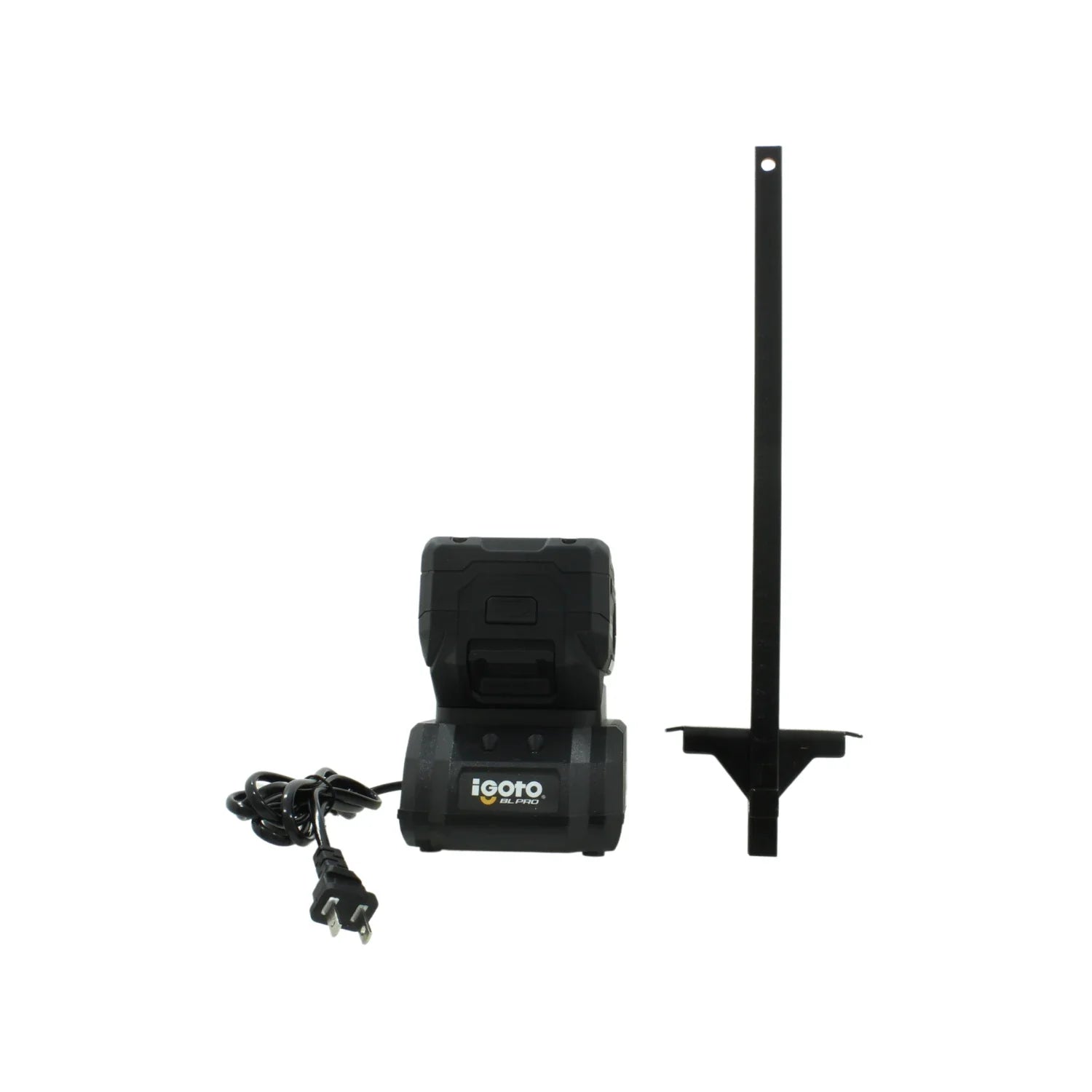 Foco de trabajo LED portátil Igoto BL PRO negro con base de batería, cable de carga y soporte metálico.