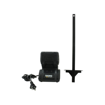 Foco de trabajo LED portátil Igoto BL PRO negro con base de batería, cable de carga y soporte metálico.