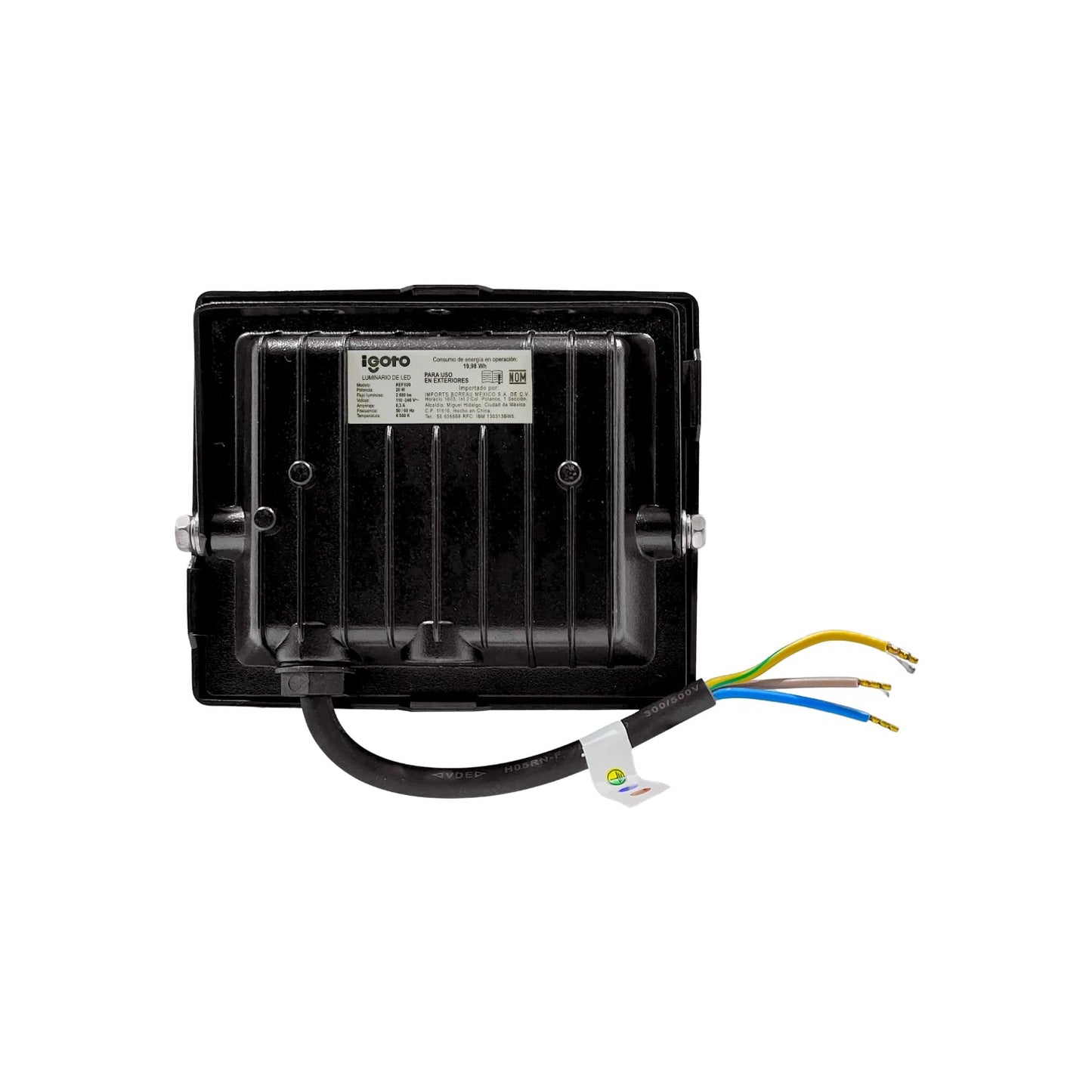 Reflector LED Igoto 20W negro, ideal para iluminación de exteriores, con cableado eléctrico de conexión.