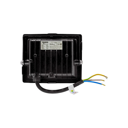 Reflector LED Igoto 20W negro, ideal para iluminación de exteriores, con cableado eléctrico de conexión.