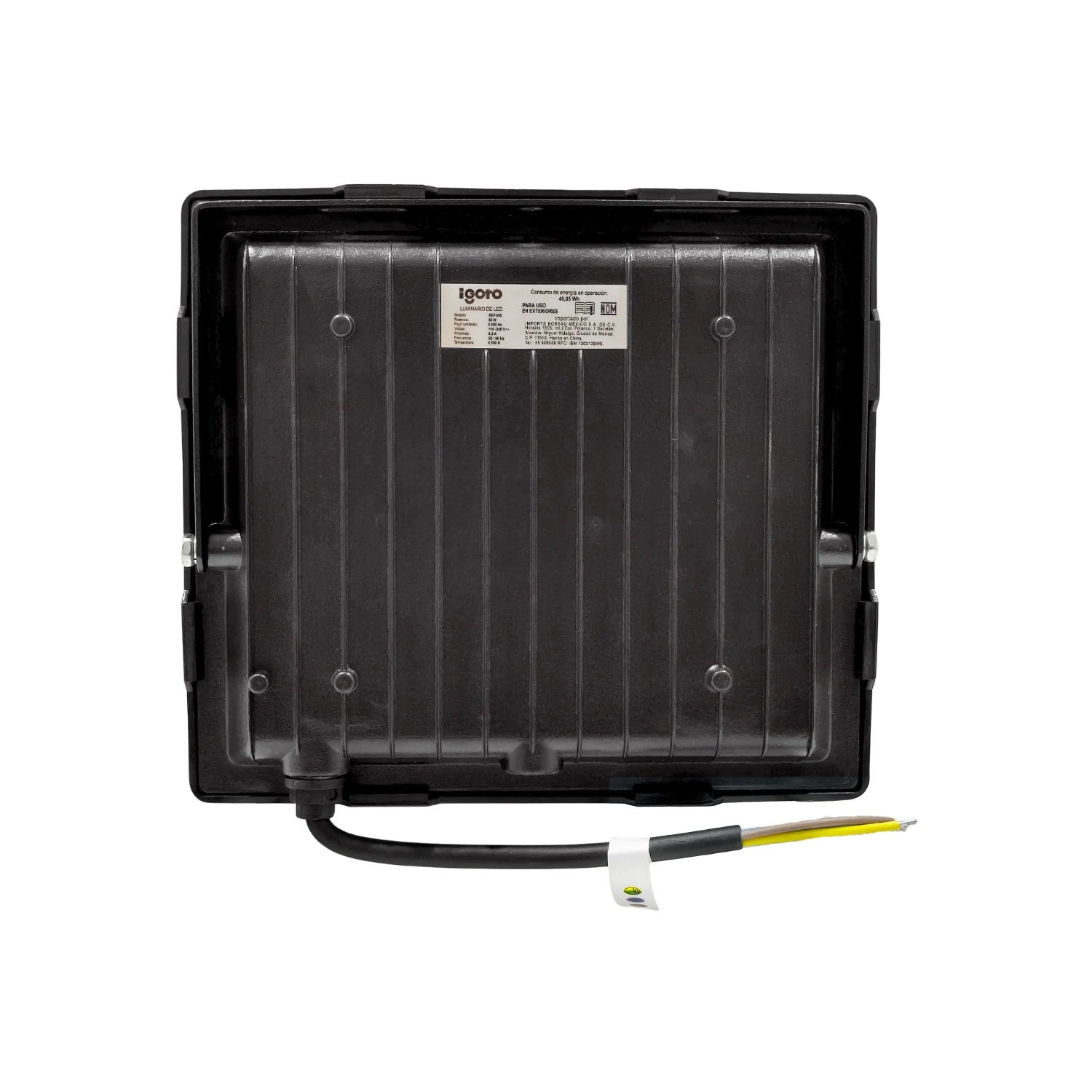 Reflector LED Igoto 50W negro vista trasera con aletas de disipación y cable para iluminación exterior