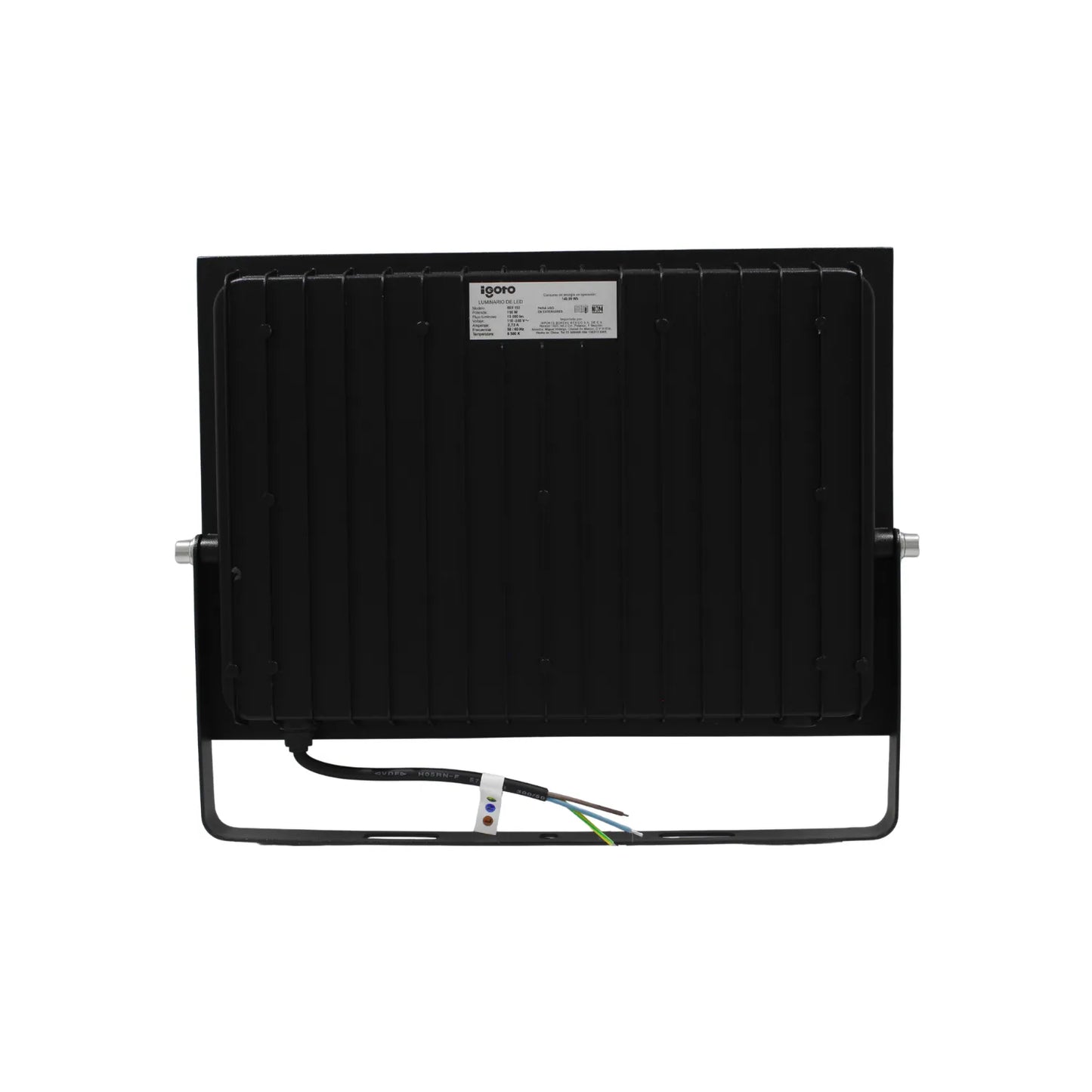 Reflector LED 150W igoto negro para exterior vista posterior con disipador de calor y soporte metálico ajustable.