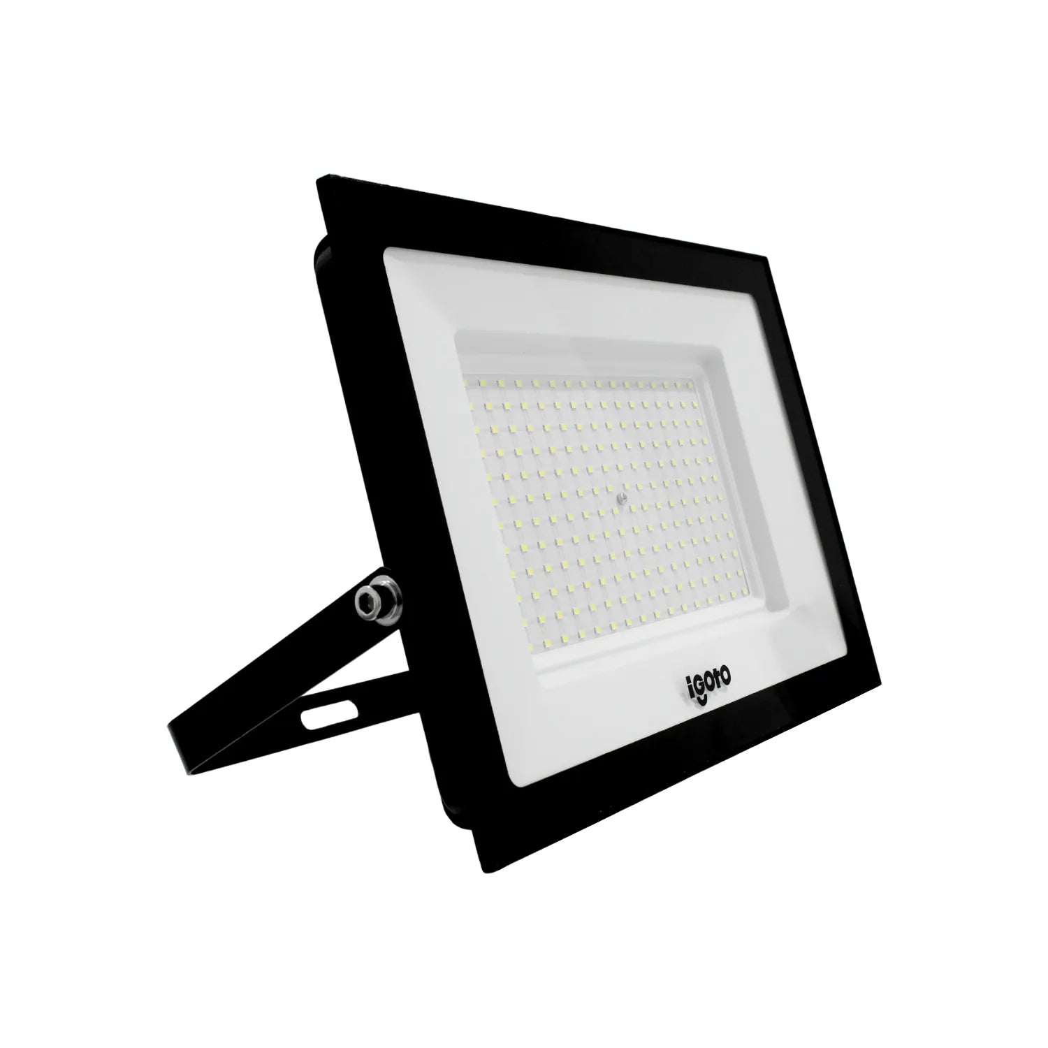 Reflector LED iGoto negro para iluminación exterior con panel de diodos blancos y soporte metálico ajustable.