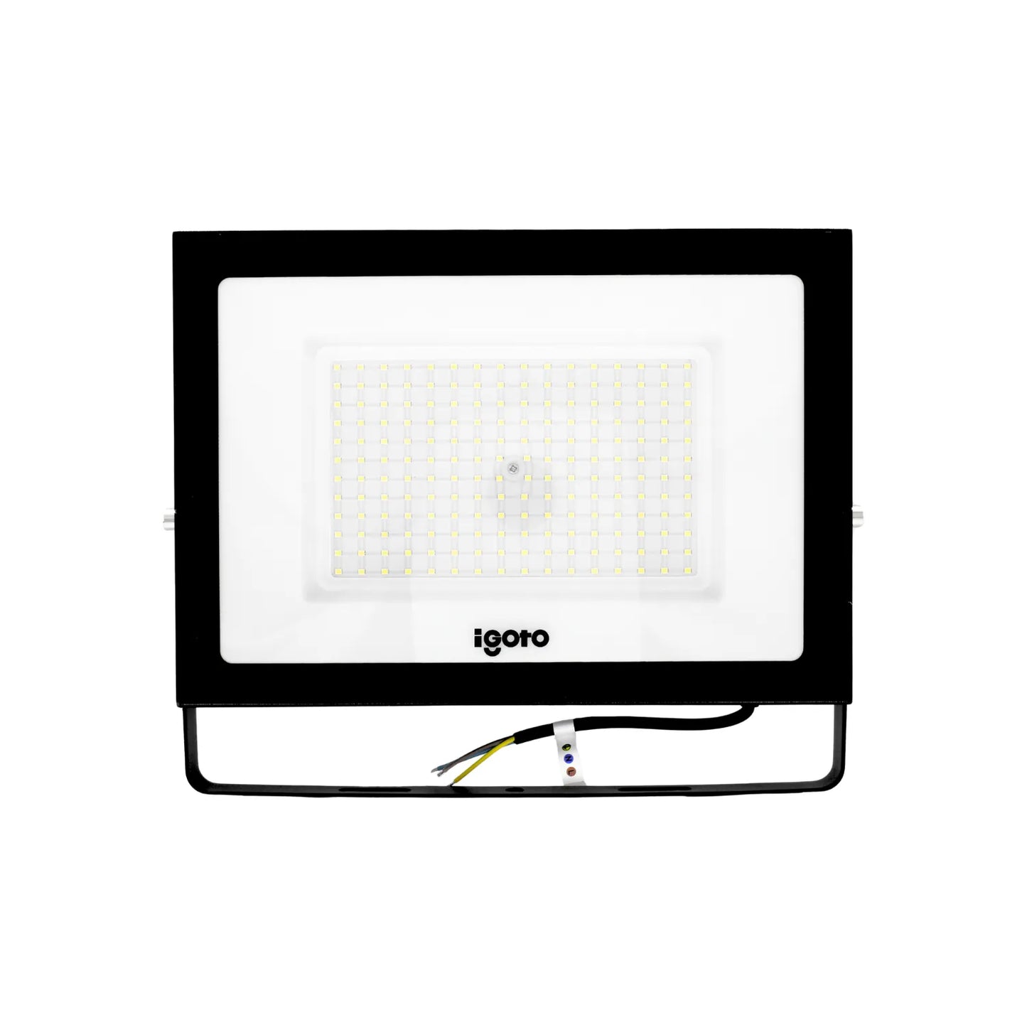Reflector LED igoto negro para exteriores con soporte ajustable e iluminación de alta potencia tipo proyector.