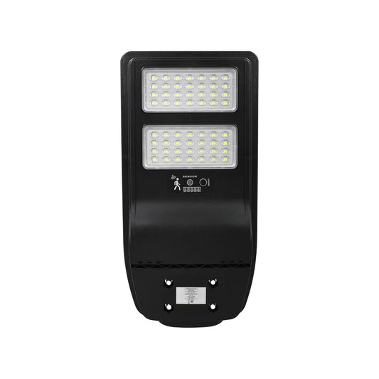 Luminaria solar LED exterior negra con sensor de movimiento e indicador de carga para alumbrado público
