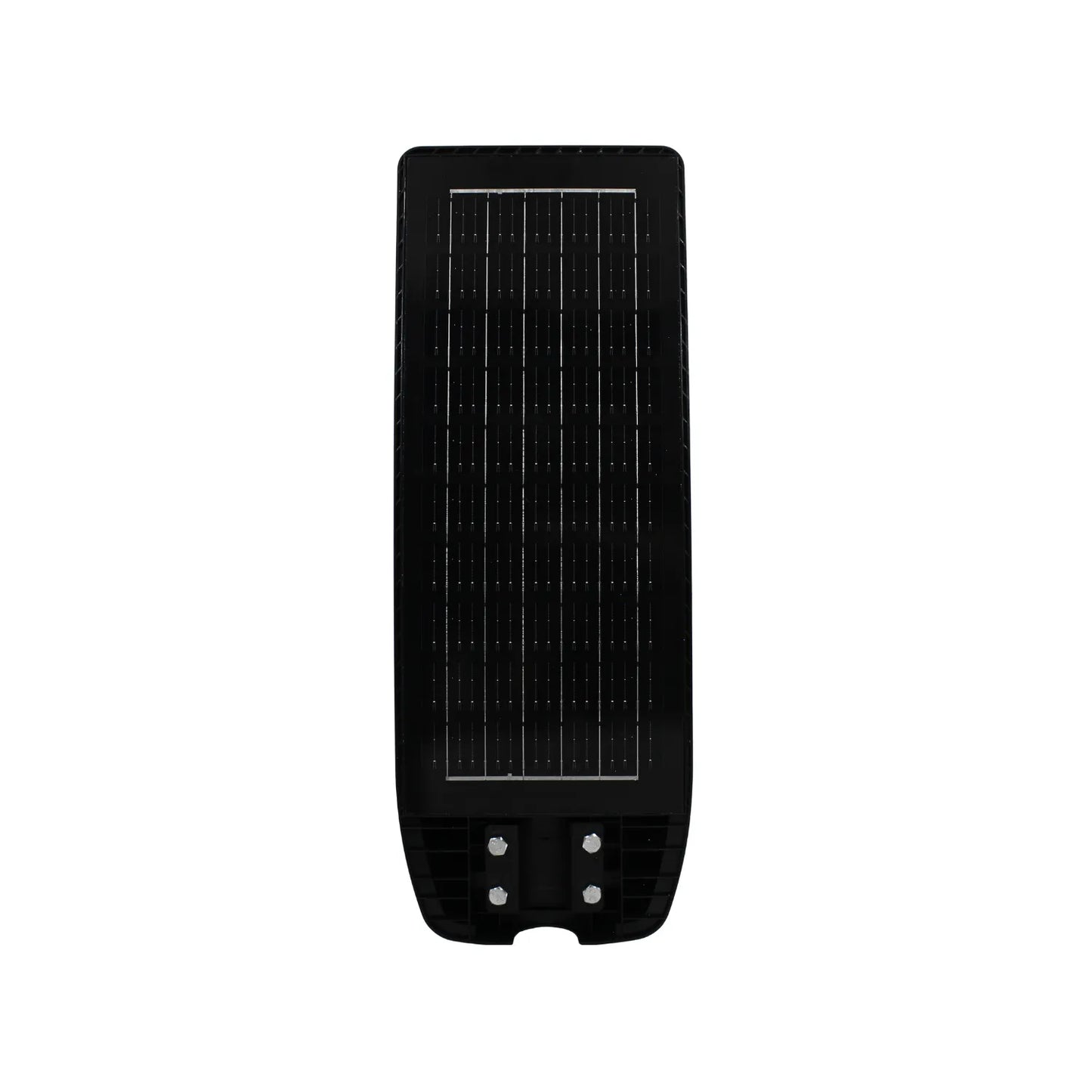 Luminaria solar suburbana LED negra con panel solar integrado y base de montaje para poste exterior