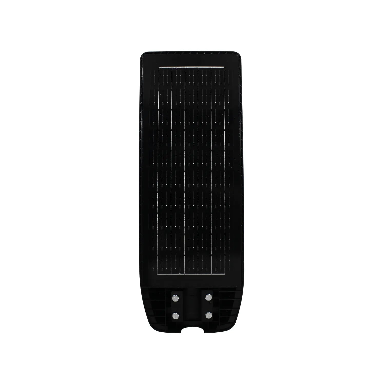 Luminaria solar suburbana LED negra con panel solar integrado y base de montaje para poste exterior
