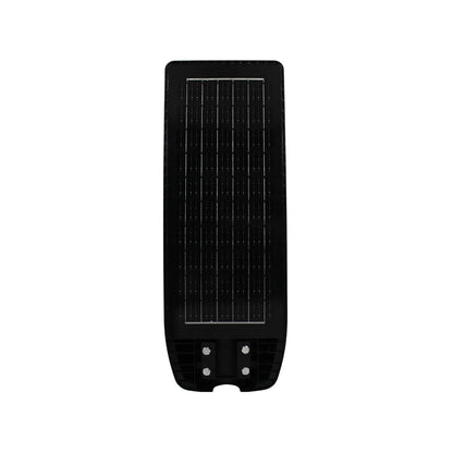 Luminaria solar suburbana LED negra con panel solar integrado y base de montaje para poste exterior