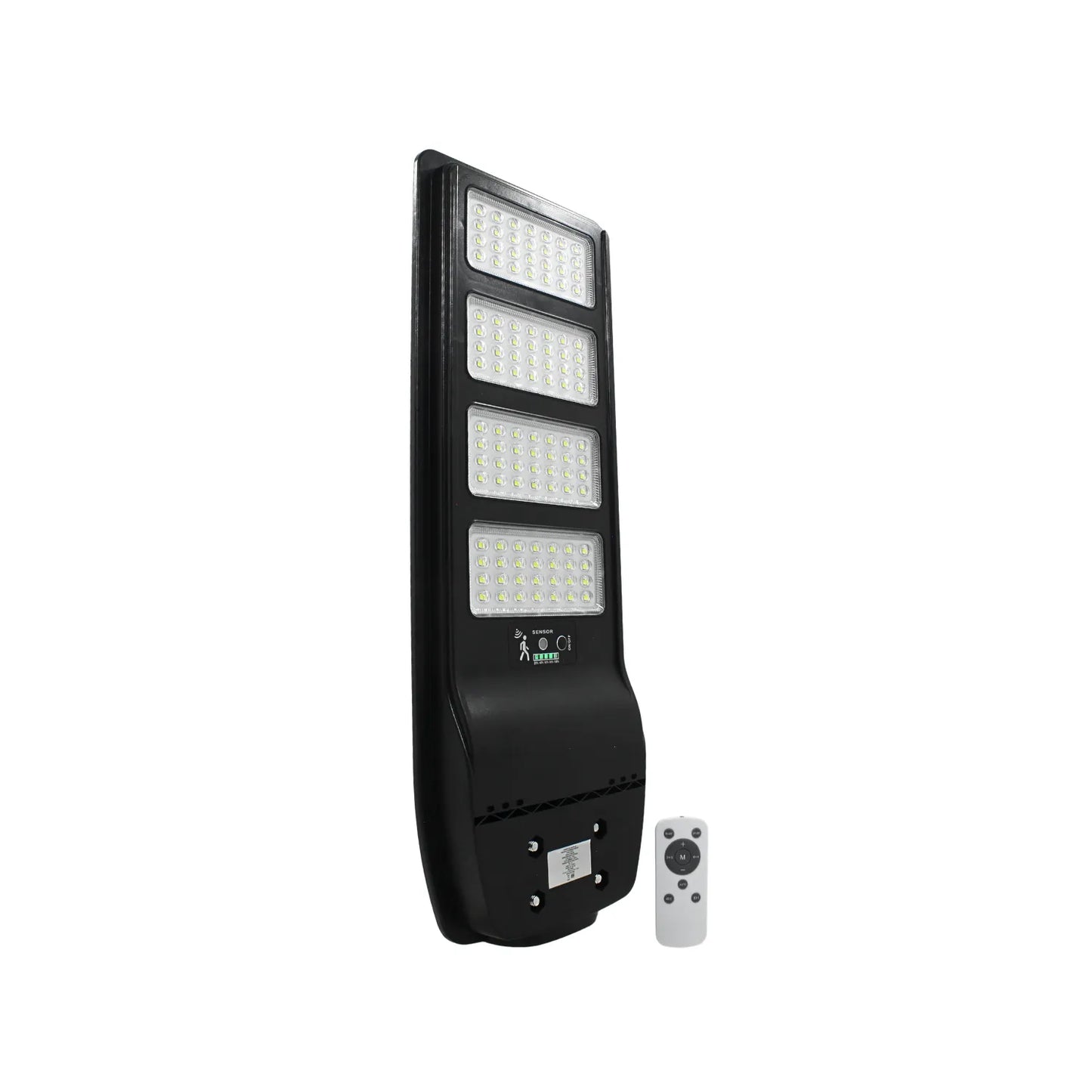 Lámpara solar exterior LED negra con 4 módulos sensor de movimiento y control remoto para alumbrado público y jardín.
