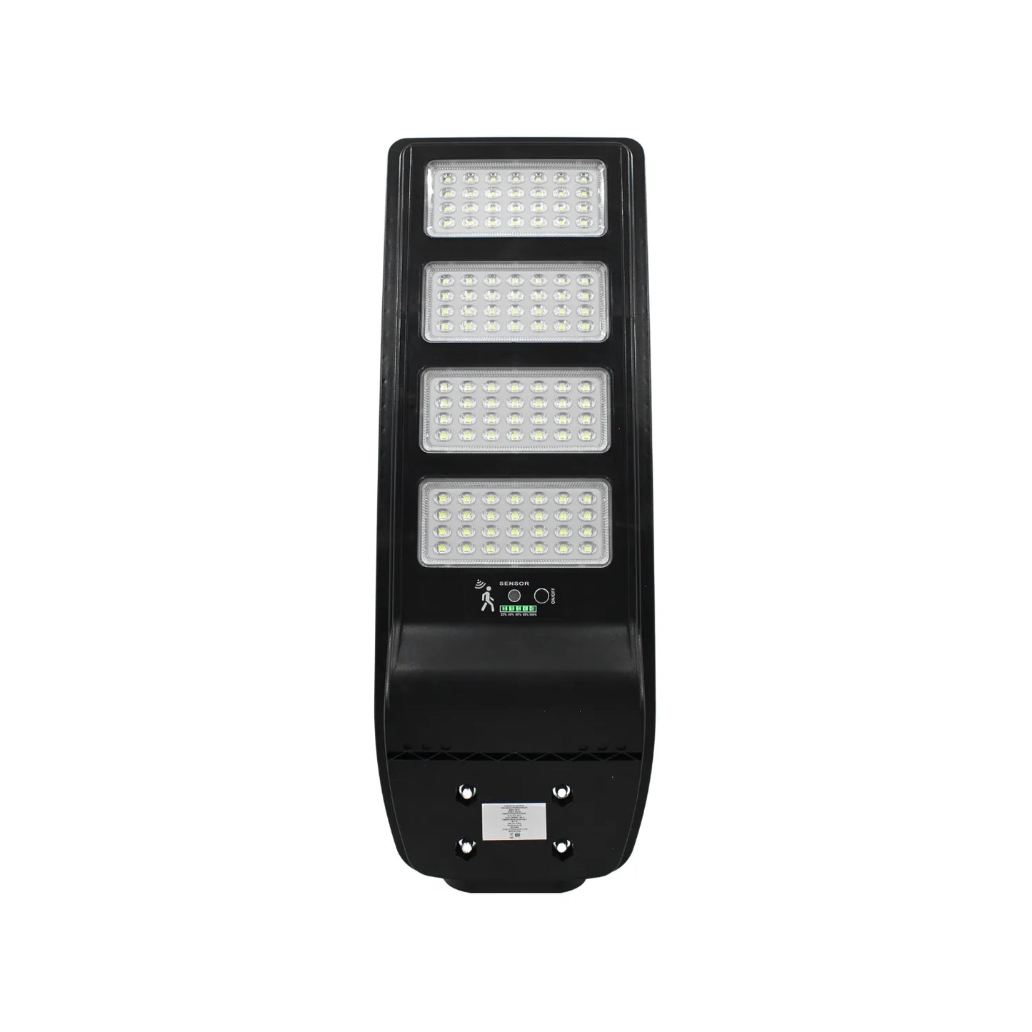 Luminaria solar LED para exterior con 4 paneles, sensor de movimiento y monitor de carga batería color negro