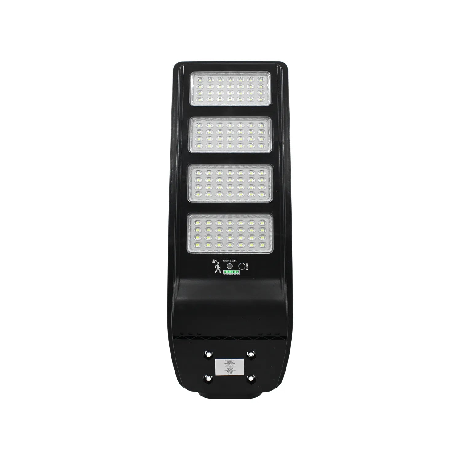 Luminaria solar LED para exterior con 4 paneles, sensor de movimiento y monitor de carga batería color negro