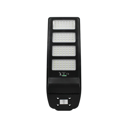 Luminaria solar LED para exterior con 4 paneles, sensor de movimiento y monitor de carga batería color negro