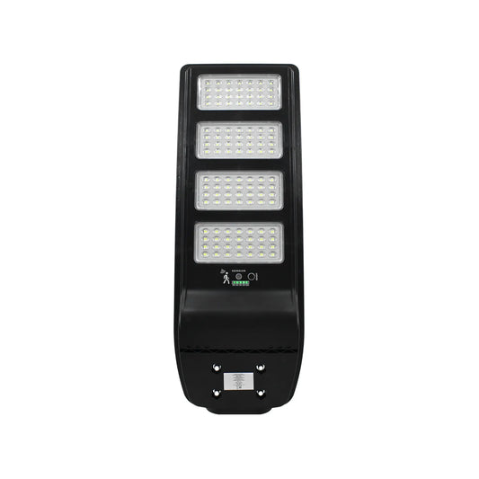 Luminaria solar LED para exterior con 4 paneles, sensor de movimiento y monitor de carga batería color negro