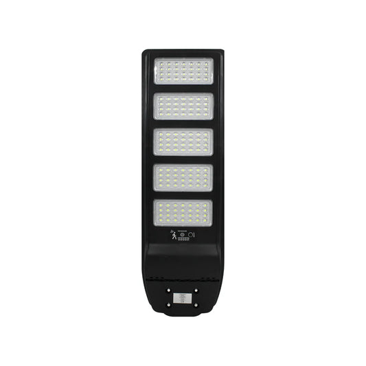 Lámpara solar suburbana negra de 5 paneles LED con sensor de movimiento para alumbrado público exterior.