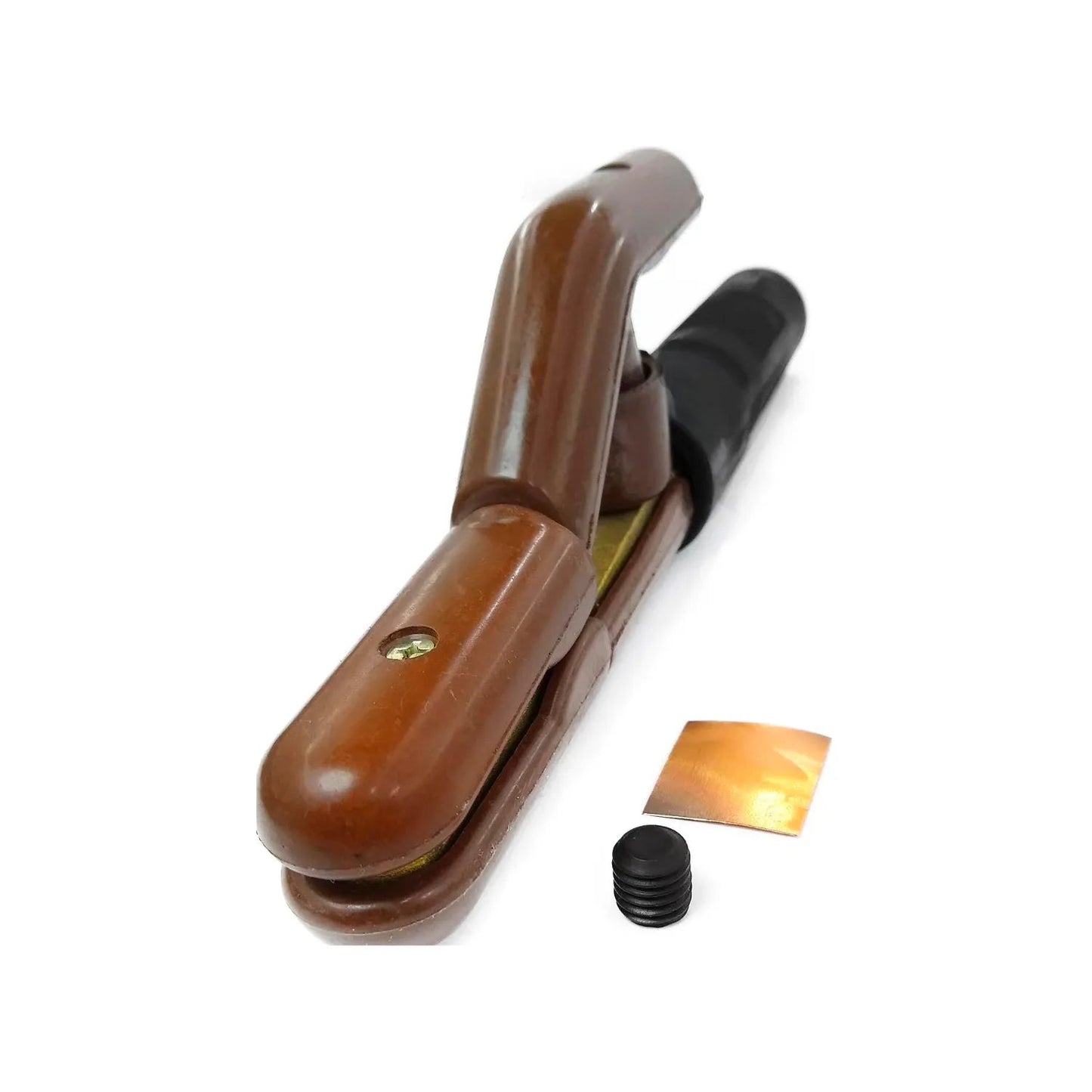 Porta electrodo de soldadura tipo pinza profesional, color marrón y negro, con accesorios de conexión.