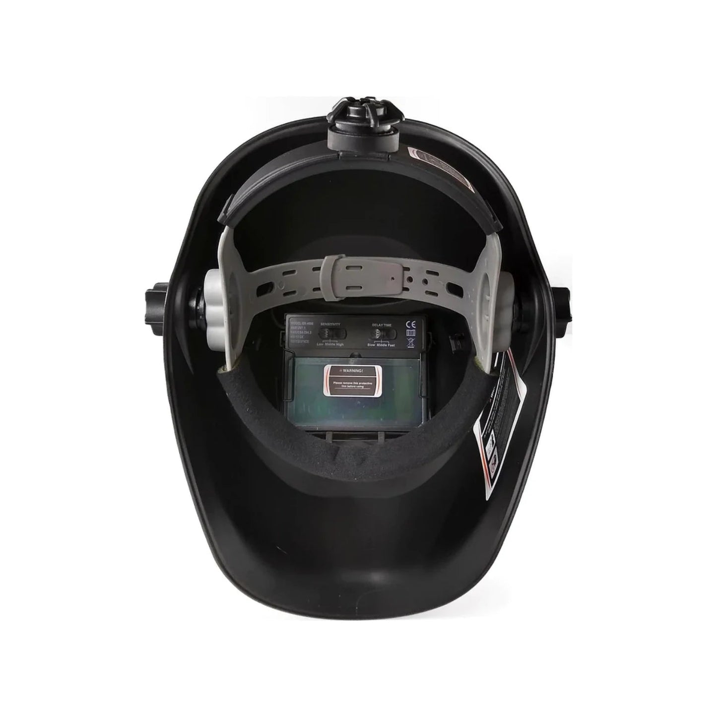 Careta para soldar automática negra vista interior, arnés ajustable, controles de sensibilidad y retardo.