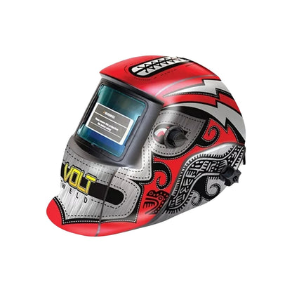 Careta automática para soldar Volt Weld roja y plata con diseño de luchador tribal