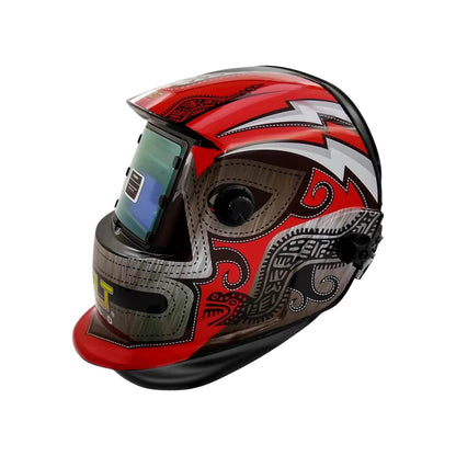 Careta automática para soldar Volt, diseño luchador rojo con rayos y patrones, protección soldador