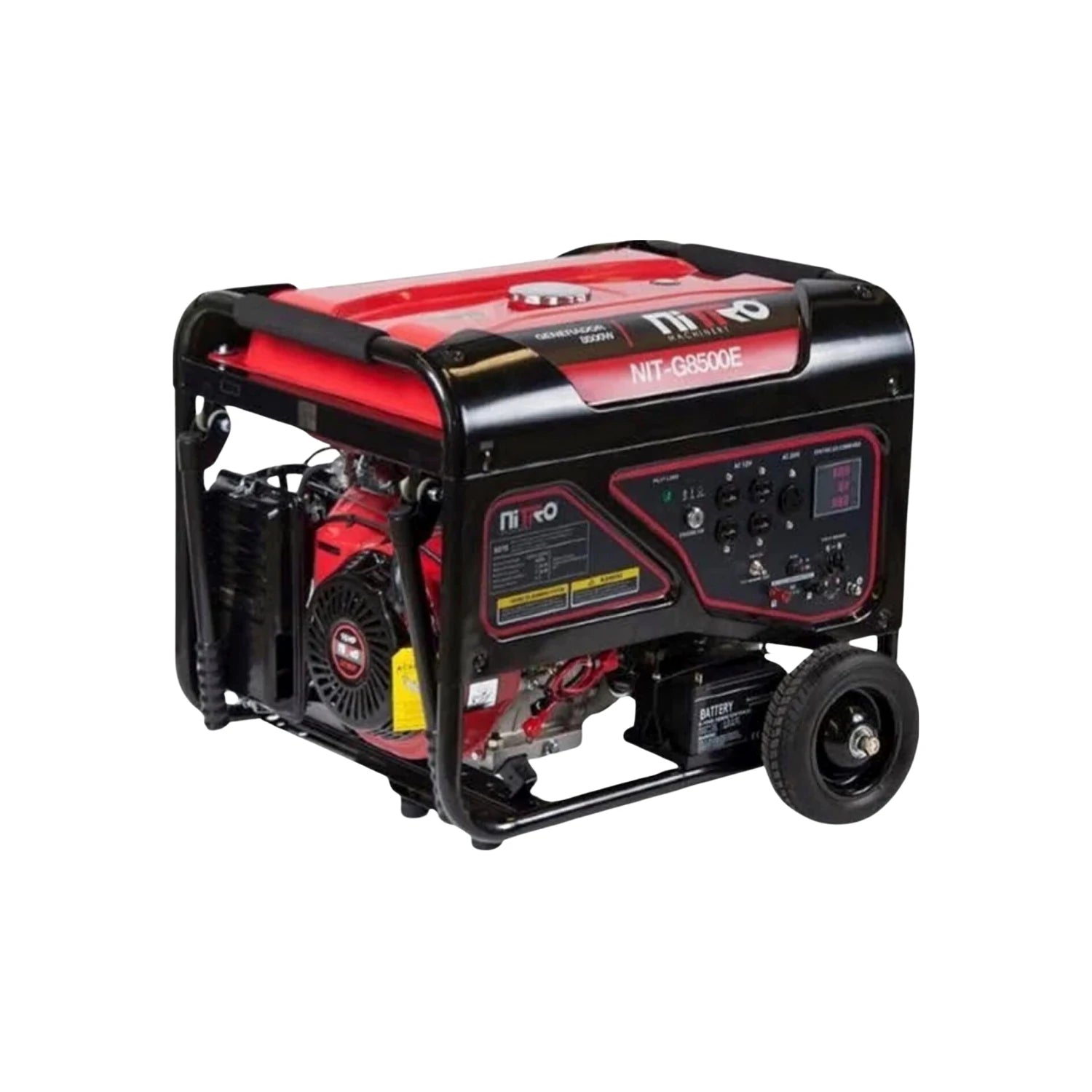 Generador portátil Nitro NIT-G8500E 8500W rojo y negro con ruedas, motor de gasolina para trabajo o emergencia.