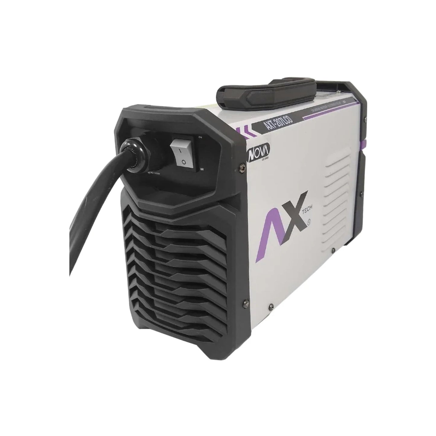 Máquina soldadora inversora Axtech AXT-207LCD 200A para electrodo, portátil blanca/gris con detalles violeta.