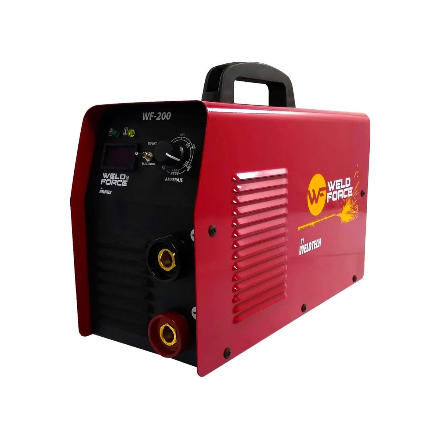 Soldadora inversora Weld Force WF-200 roja y negra, 200A TIG-LIFT/electrodo, portátil by Weldtech, display digital.