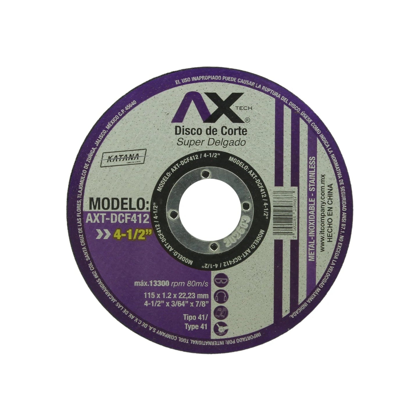 Disco de corte AXTECH AXT-DCF412 4 1/2" super delgado para metal y acero inoxidable 13300 RPM