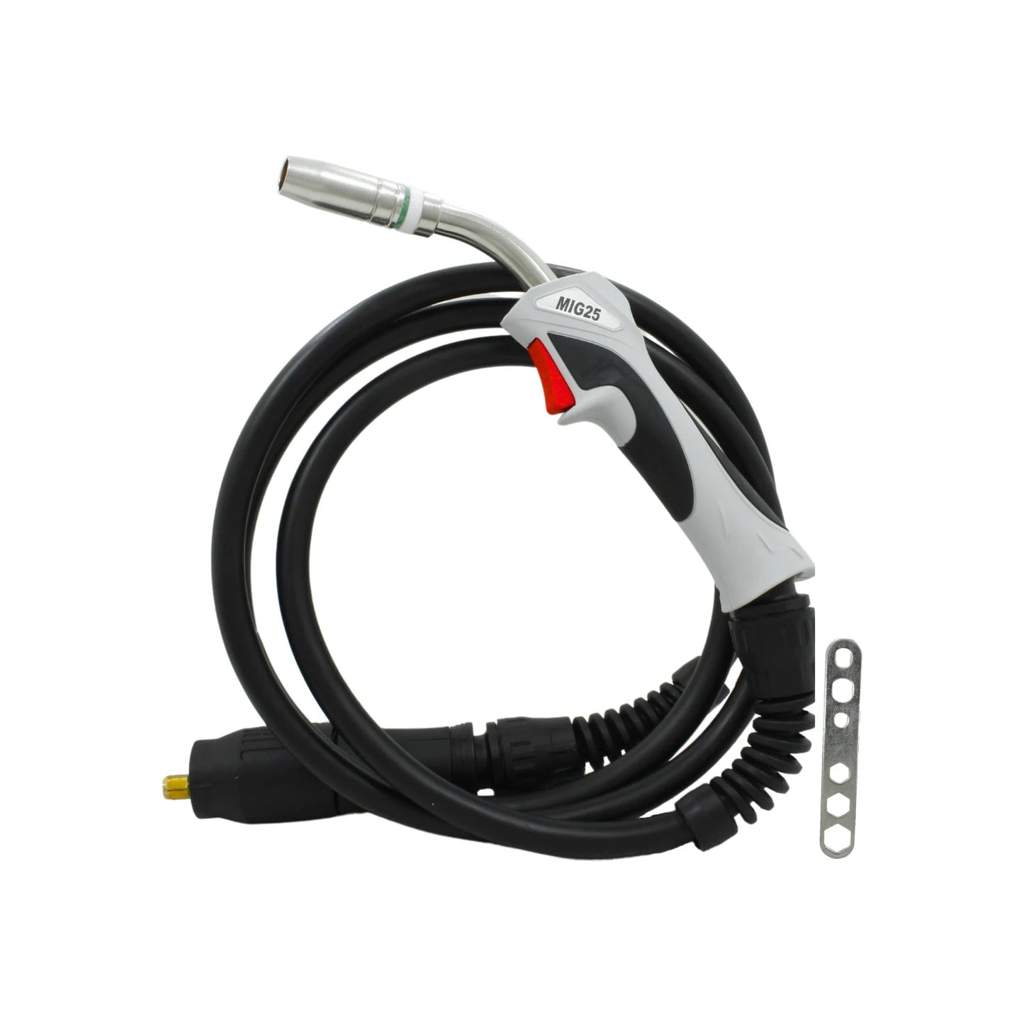 Antorcha MIG25 para soldadura con cable negro, mango ergonómico gris y gatillo rojo, incluye llave de ajuste.