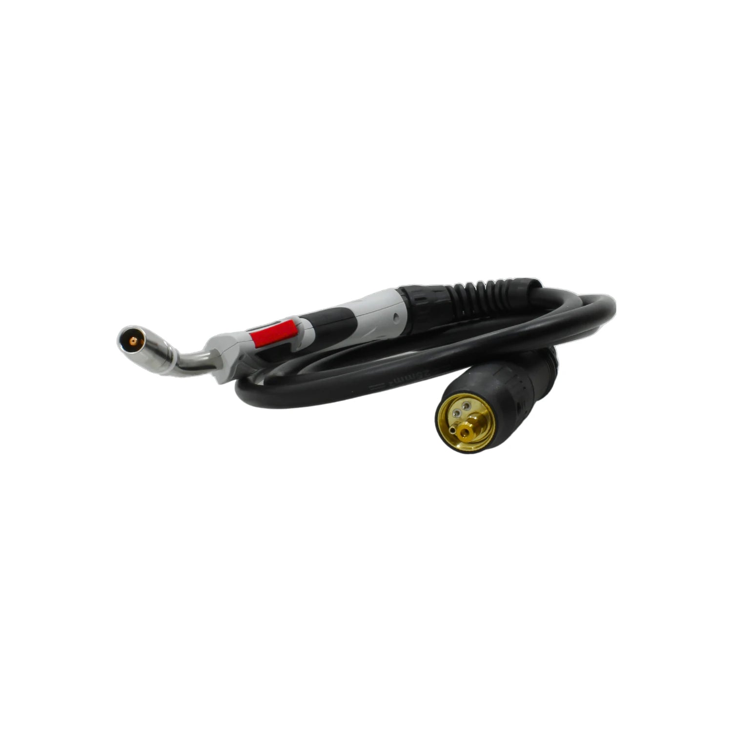 Antorcha MIG/MAG profesional negra y gris con gatillo rojo, cable flexible enrollado, conector euro.