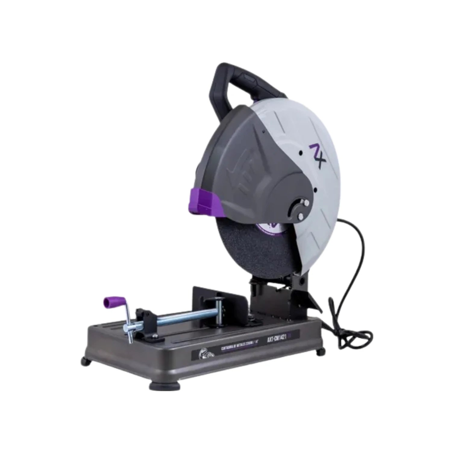 Cortadora de metal Axtech CM1421 gris con detalles púrpura, disco de 14 pulgadas, 2200W para corte preciso de acero.