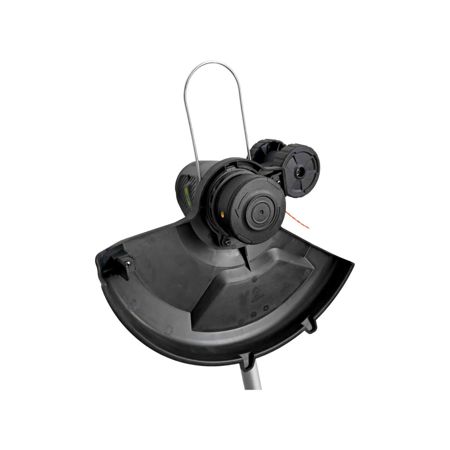 Desbrozadora inalámbrica negra, cabezal con hilo, protector de seguridad y ruedas para bordear