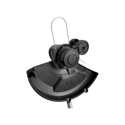 Desbrozadora inalámbrica negra, cabezal con hilo, protector de seguridad y ruedas para bordear