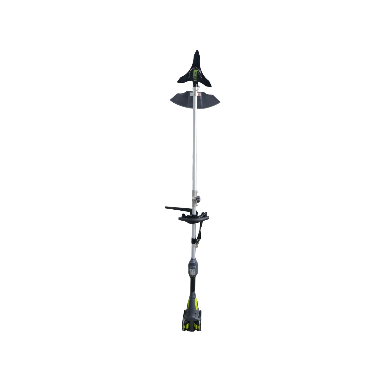 Desbrozadora inalámbrica 450W con mango tipo D, colores verde y negro, para corte de maleza y jardinería.