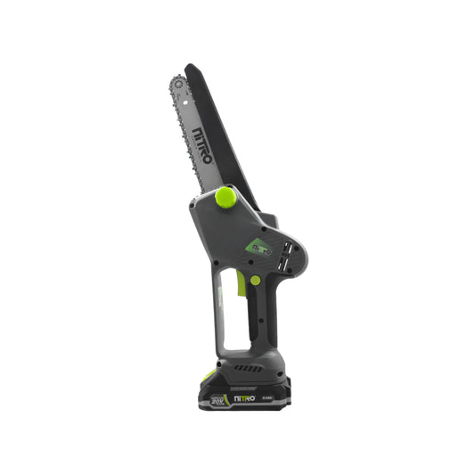 Mini motosierra inalámbrica Nitro 20V con batería de 2.0Ah para poda de jardín portátil gris y verde