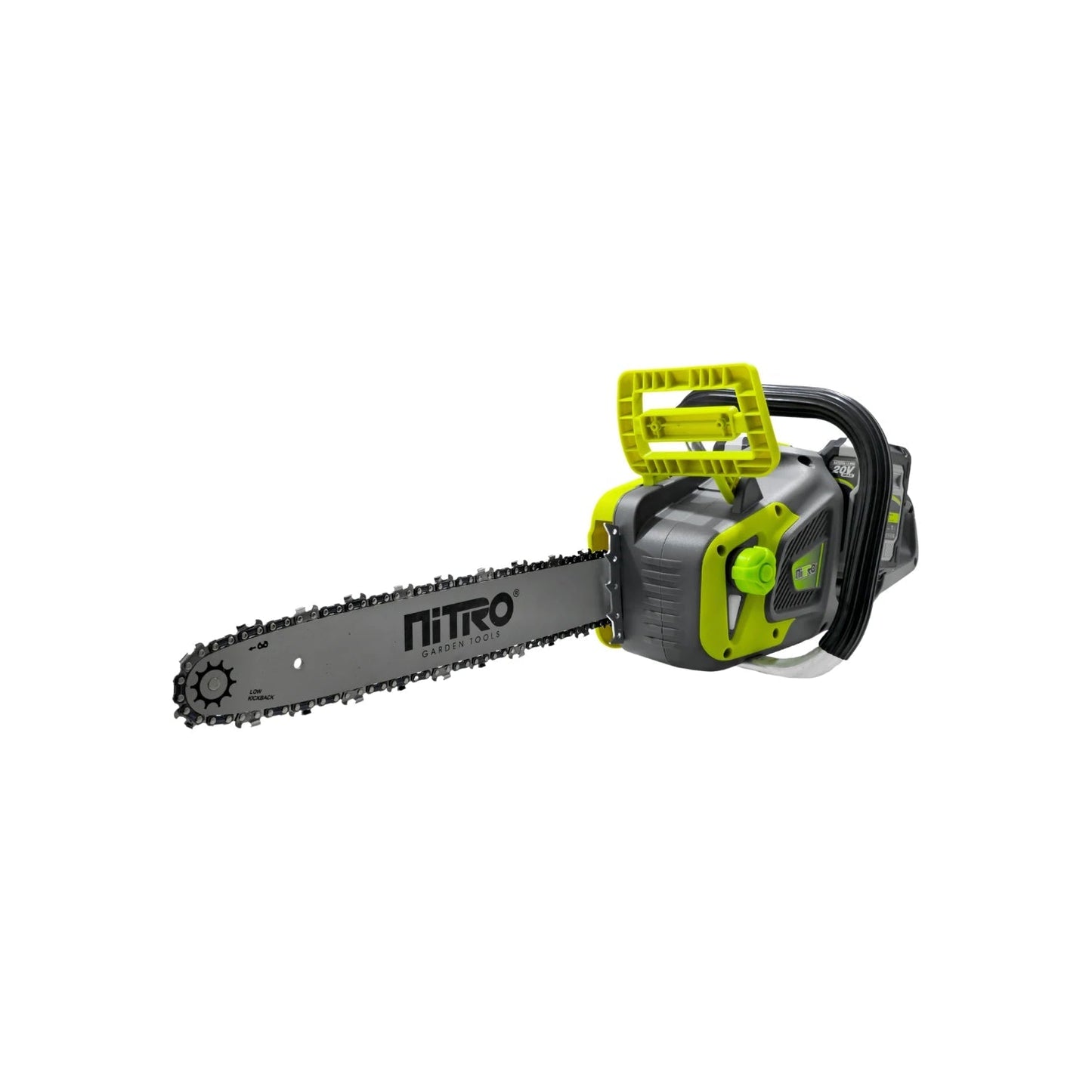 Motosierra inalámbrica Nitro 16" gris y verde con batería para poda y jardinería.