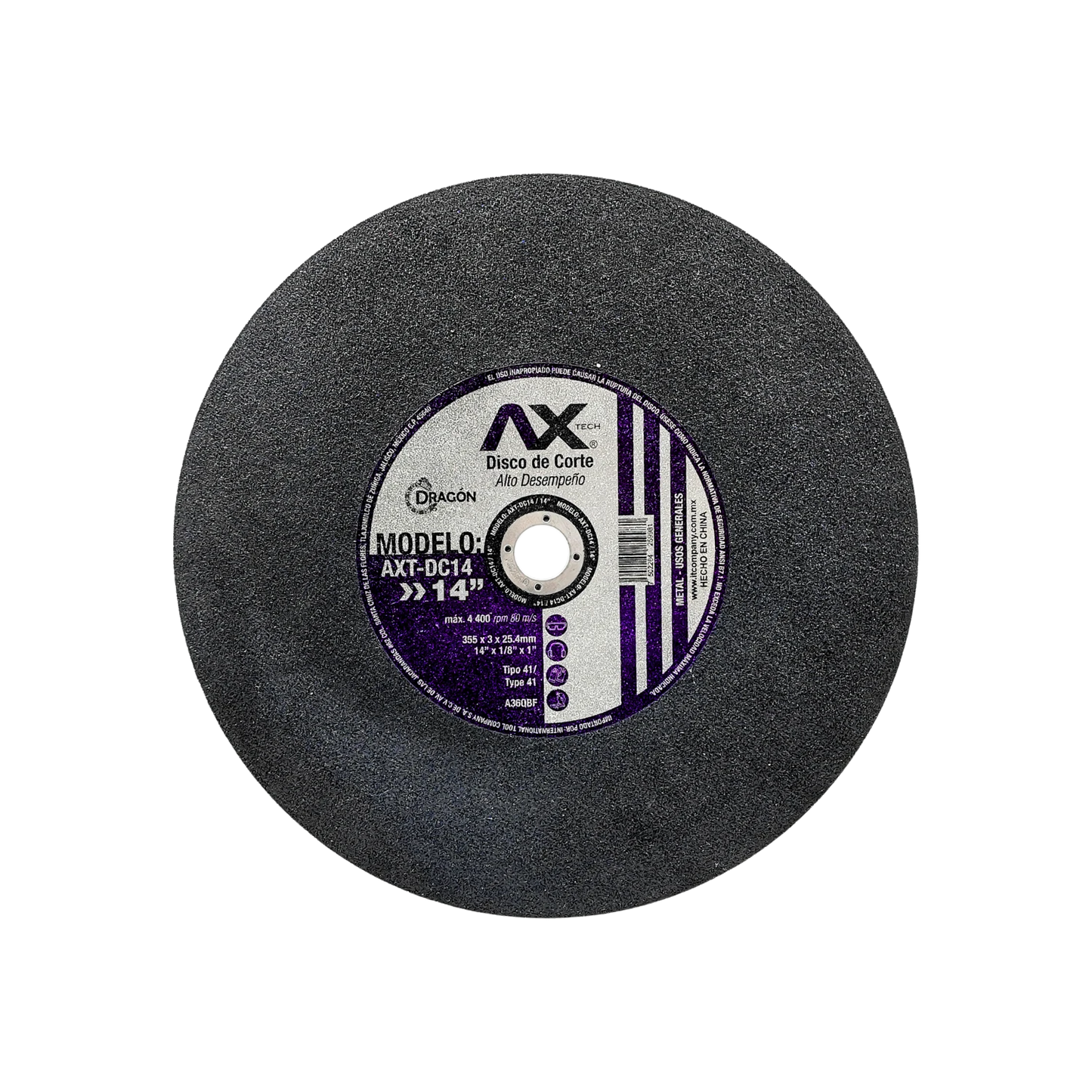 Disco de corte metal Axtech AXT-DC14 14 pulgadas, abrasivo gris, herramienta de alto desempeño.