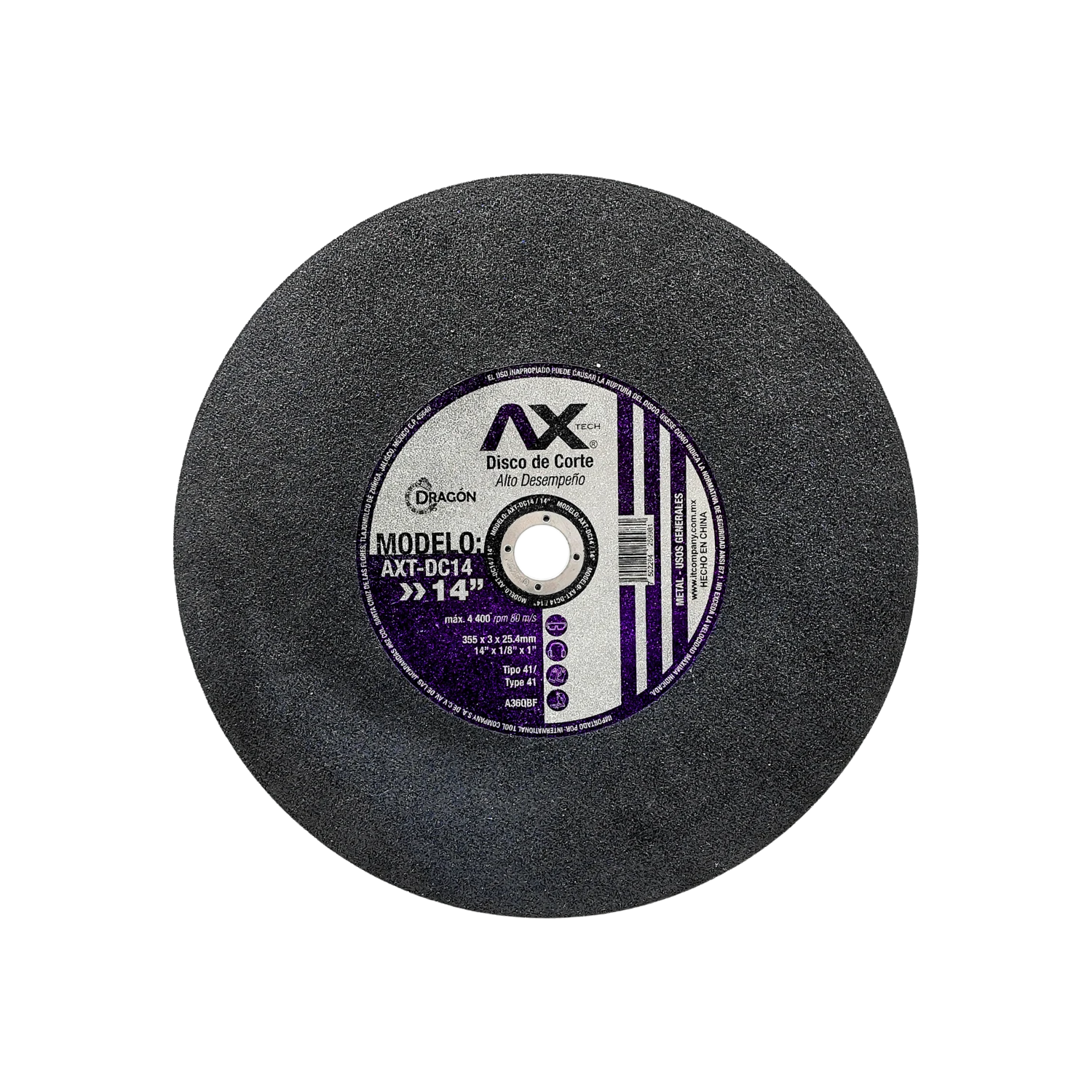 Disco de corte metal Axtech AXT-DC14 14 pulgadas, abrasivo gris, herramienta de alto desempeño.