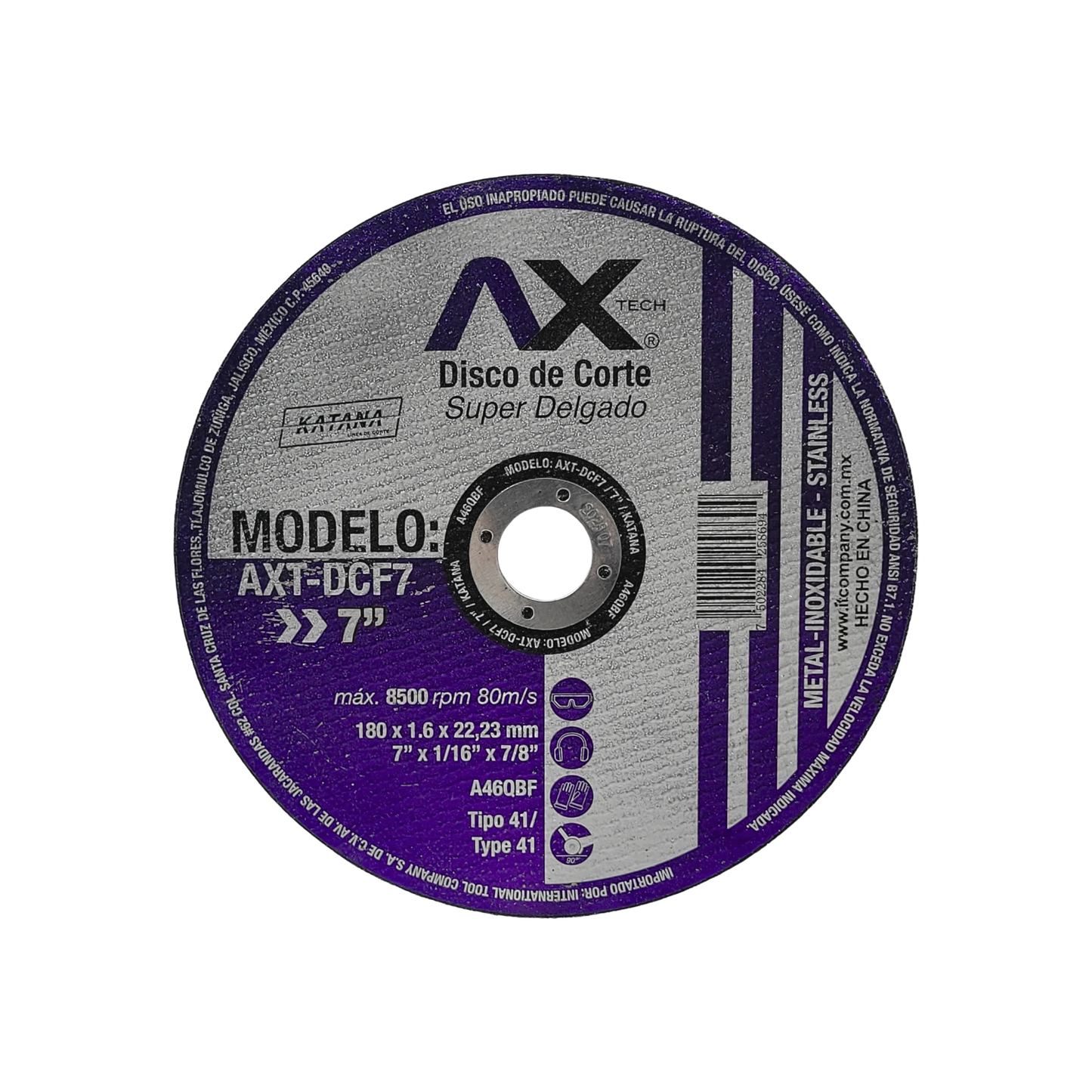 Disco de corte Axtech 7" (180mm) para metal y acero inoxidable, super delgado 1.6mm, uso en amoladora.