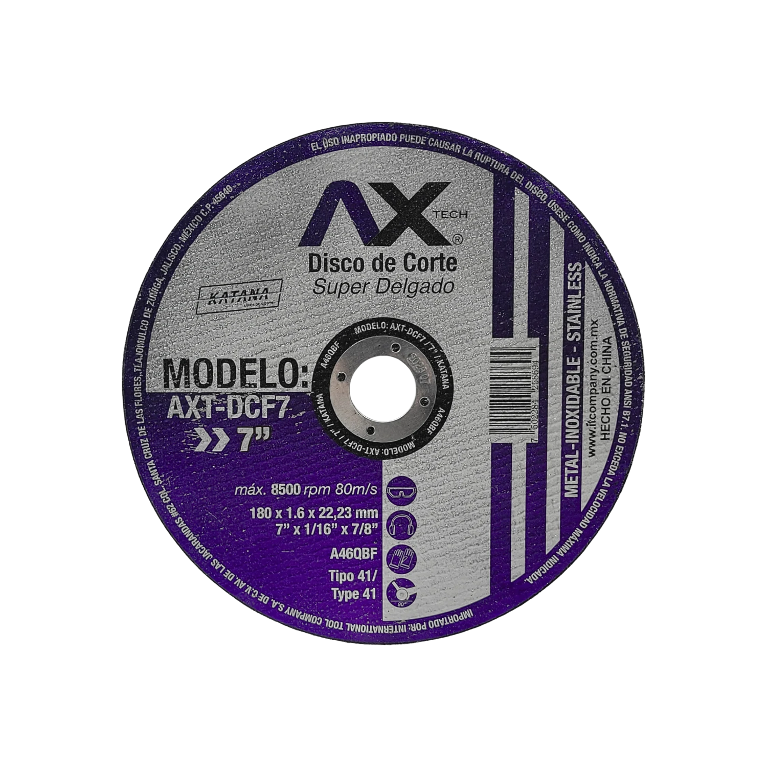 Disco de corte Axtech 7" (180mm) para metal y acero inoxidable, super delgado 1.6mm, uso en amoladora.