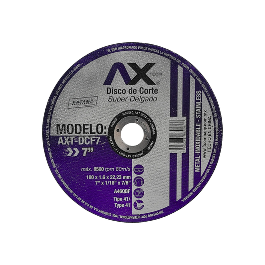 Disco de corte Axtech 7" (180mm) para metal y acero inoxidable, super delgado 1.6mm, uso en amoladora.