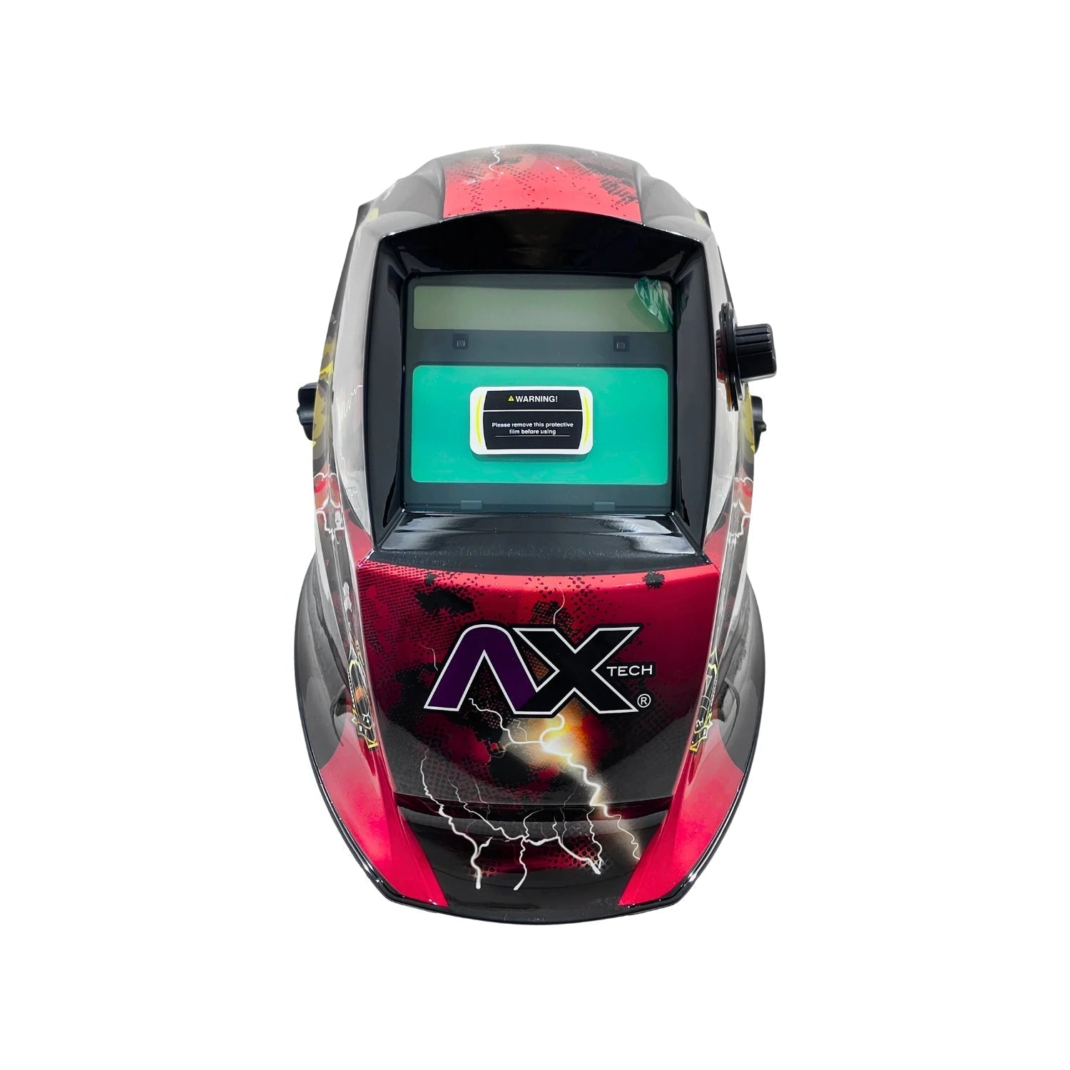 Careta para soldar automática Axtech, rojo y negro con diseño de relámpagos, perilla de ajuste