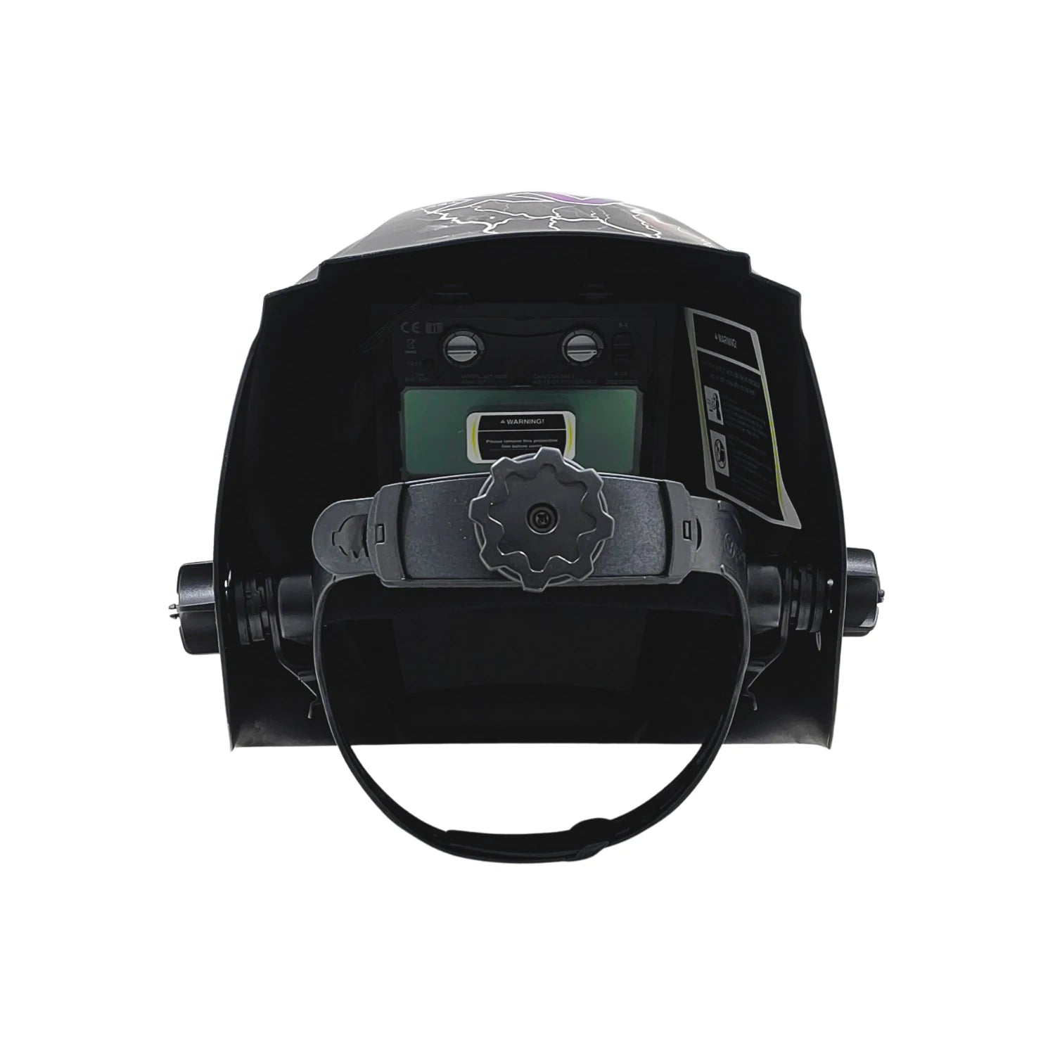 Máscara de soldar automática negra con filtro auto-oscurecible y arnés ajustable para protección ocular y facial.