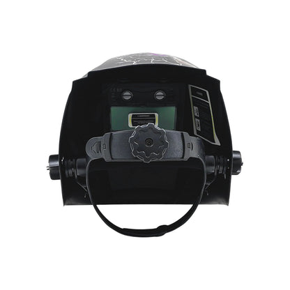Máscara de soldar automática negra con filtro auto-oscurecible y arnés ajustable para protección ocular y facial.