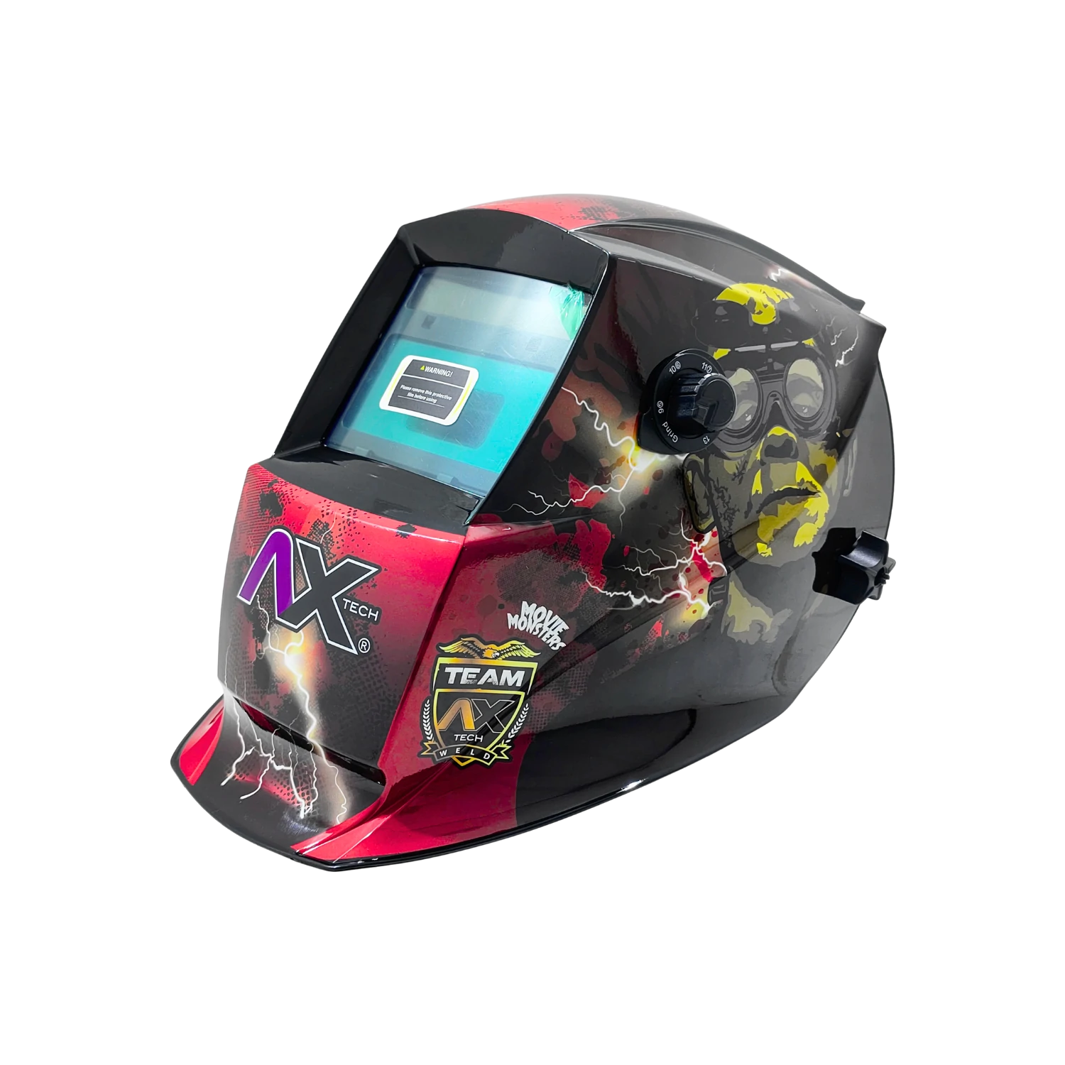 Casco de soldar automático Axtech rojo y negro con diseño de monstruo, relámpagos, protección para soldador profesional.